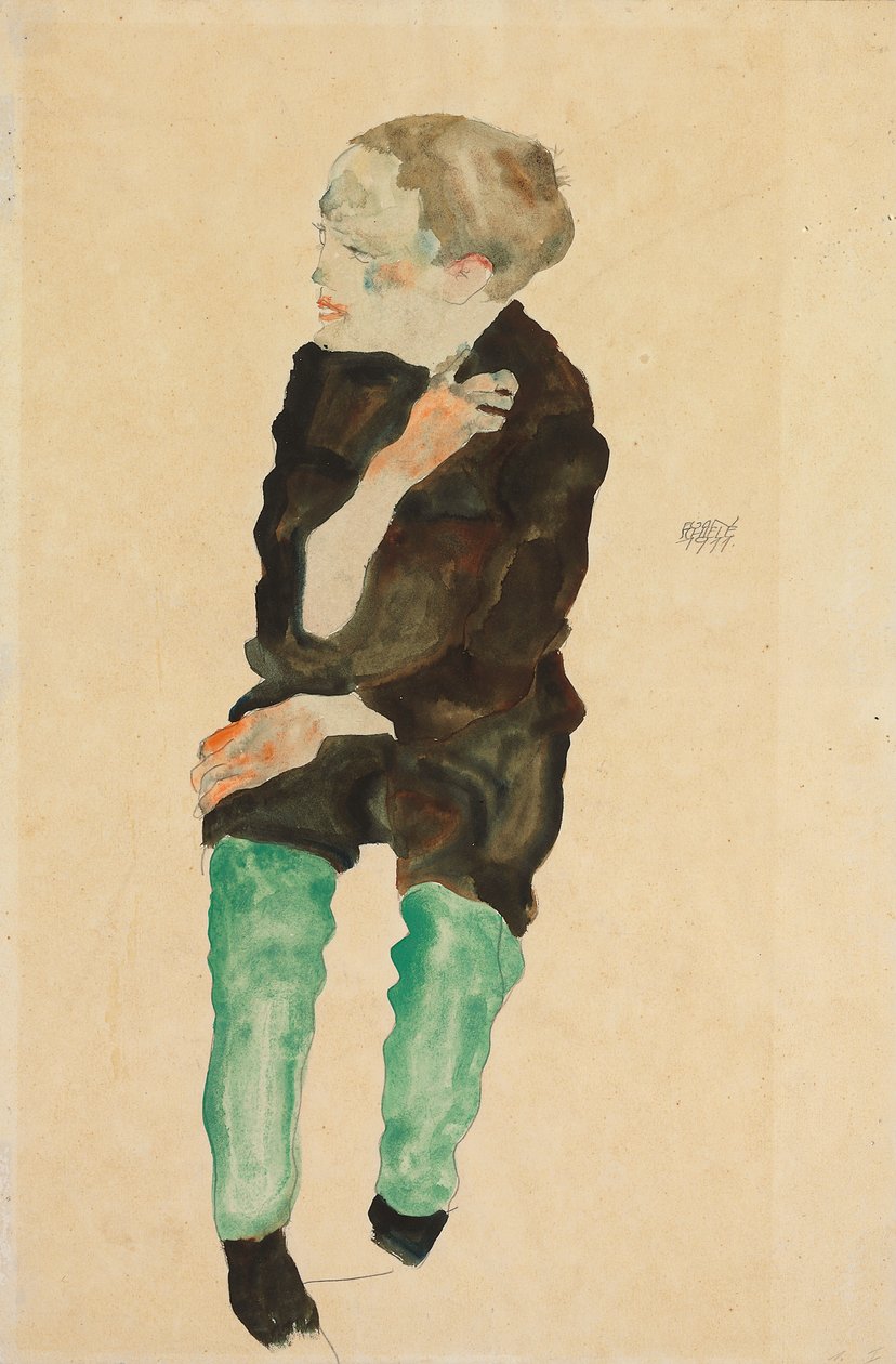 緑のストッキングを持つ少年。 Bub mit grunen Strumpfen、1911 作： エゴンシーレ