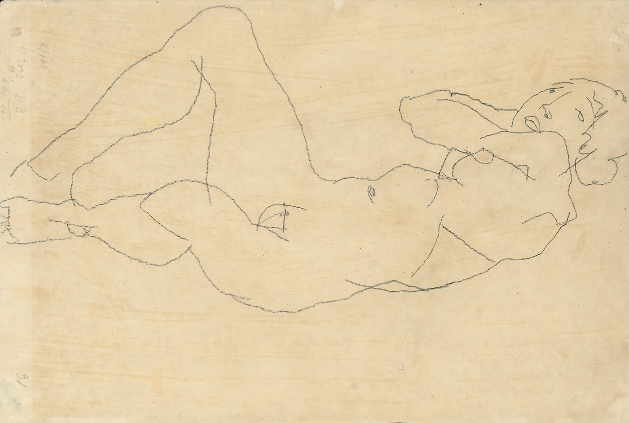 頭の後ろに手を持つ女性のヌード、1914 作： エゴンシーレ