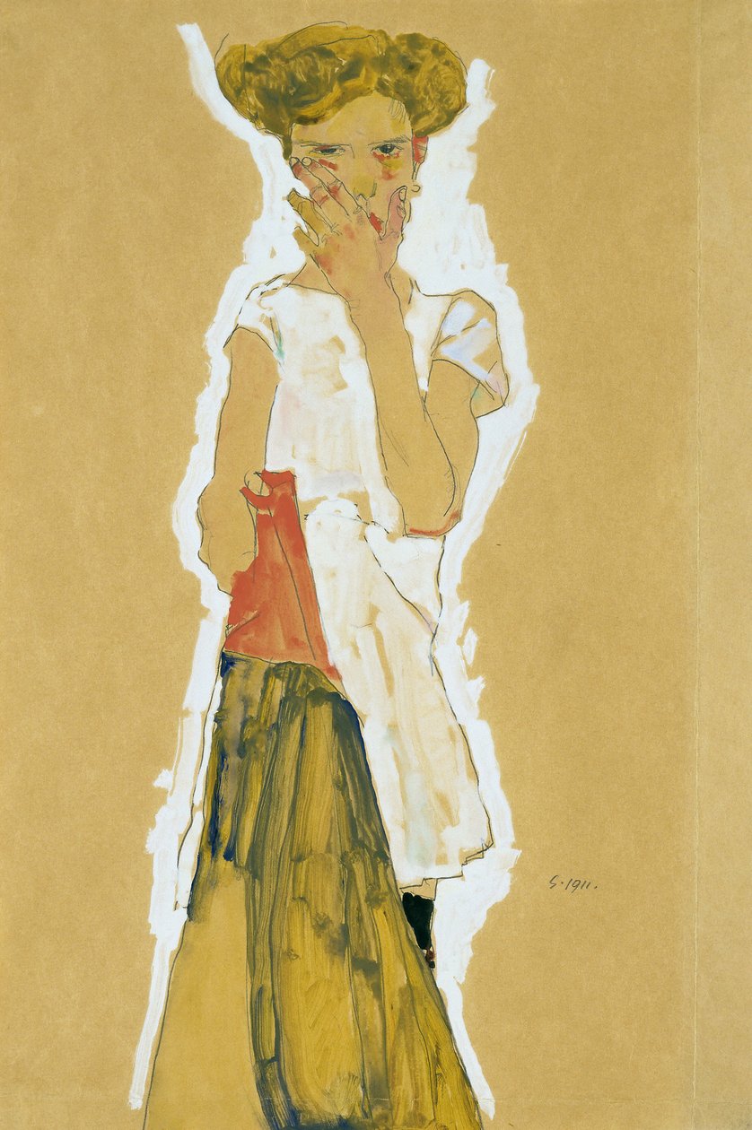 "Fille debout en combinaison blanche" (白いペチコートを着た少女の立ち姿) エゴン・シーレ（1890-1918）の紙へのグワッシュ画 - 1911年 Dim 55x37 cm ニューヨーク近代美術館 作： エゴンシーレ