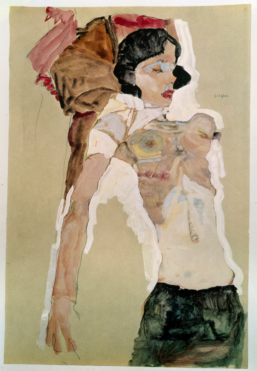 半分裸の女性。エゴンシーレ（1890〜1918年）、1911年鉛筆、水彩画。薄暗い：45,9x31,1cm。ウィーン、グラフィッシュサムルングアルベルティーナ 作： エゴンシーレ