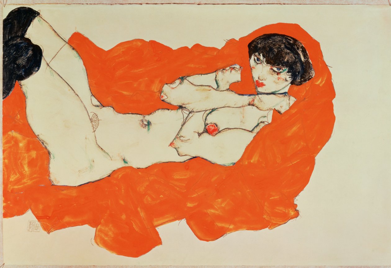赤い布の上に横たわる女性のヌード - Reclining ... （グワッシュと黒いクレヨン） 作： エゴンシーレ