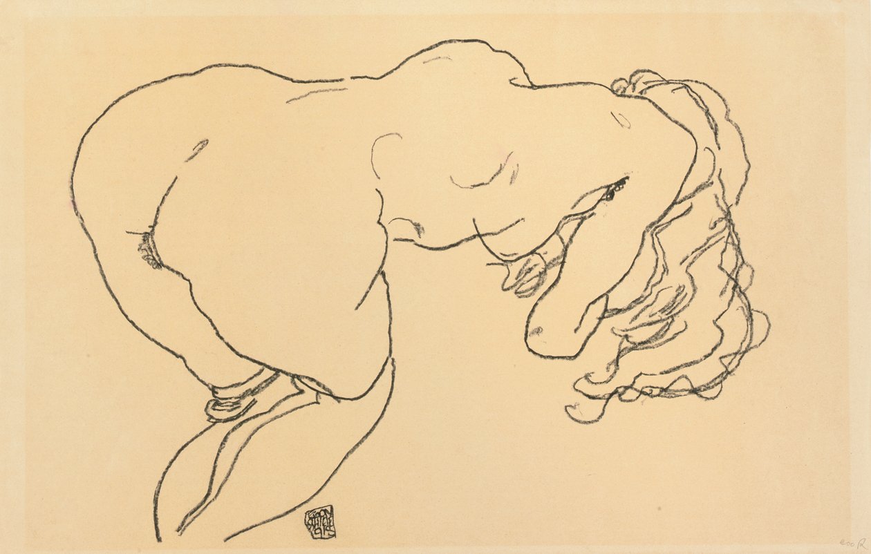 長い髪のヌード、前傾、後ろ姿; Langhaariger Akt、vornubergebeugt、Ruckenansicht、1918 作： エゴンシーレ