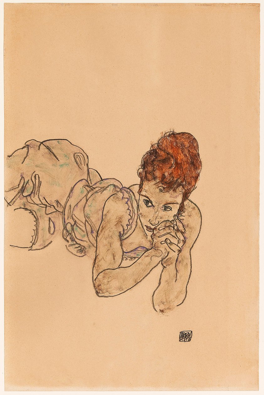 エゴン・シーレ、【腰に青い布をまとった黒髪の女】、希少な画集画 エゴン・シーレ、【腰に青い布をまとった黒髪の女】、希少な画集