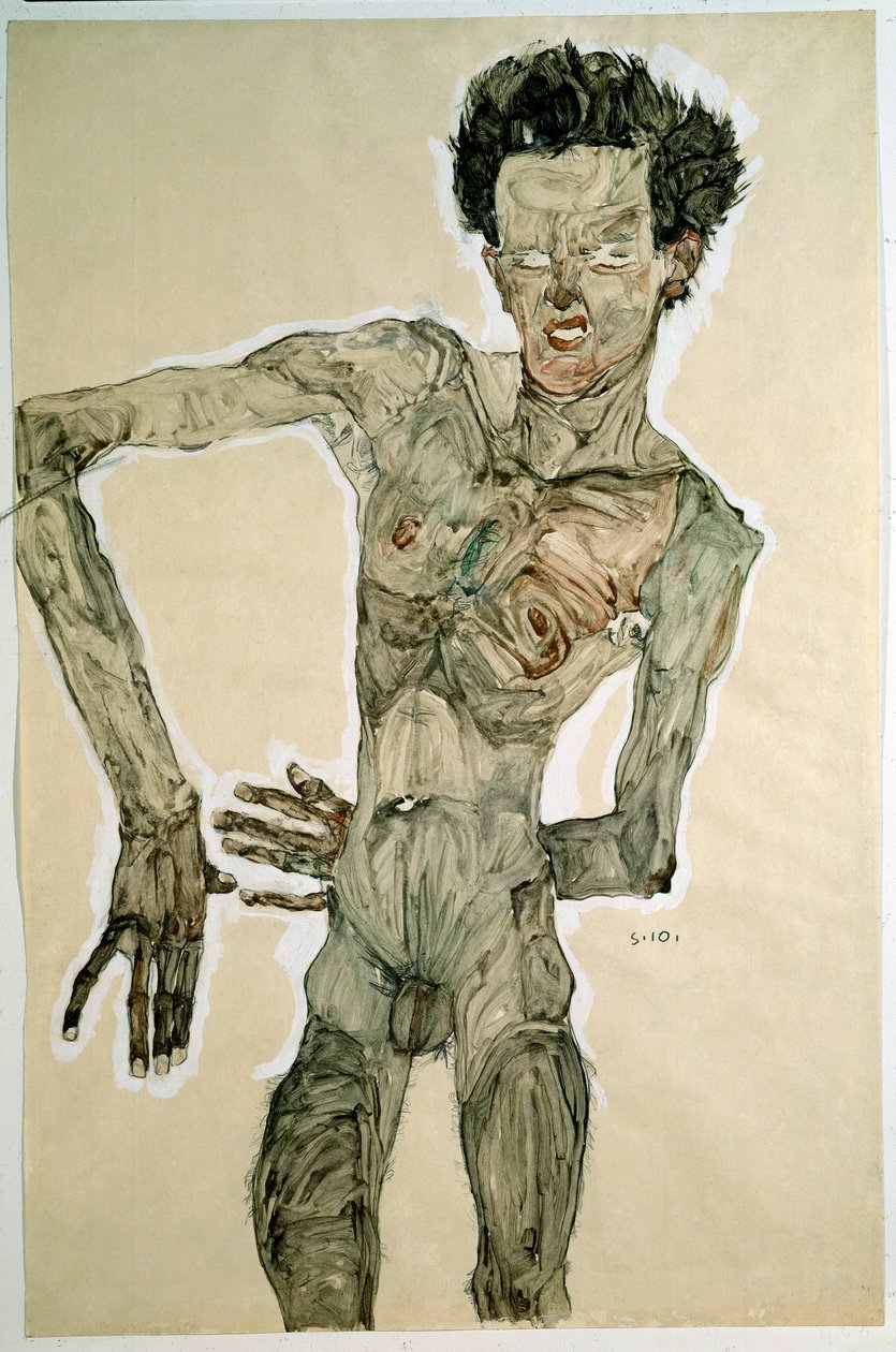 男性ヌード（自画像）。エゴン・シーレ（1890-1918）、1910年。紙に鉛筆、水彩、テンペラ。薄暗い：55,7x36,8cm。ウィーン、グラフィッシュサムルングアルベルティーナ 作： エゴンシーレ