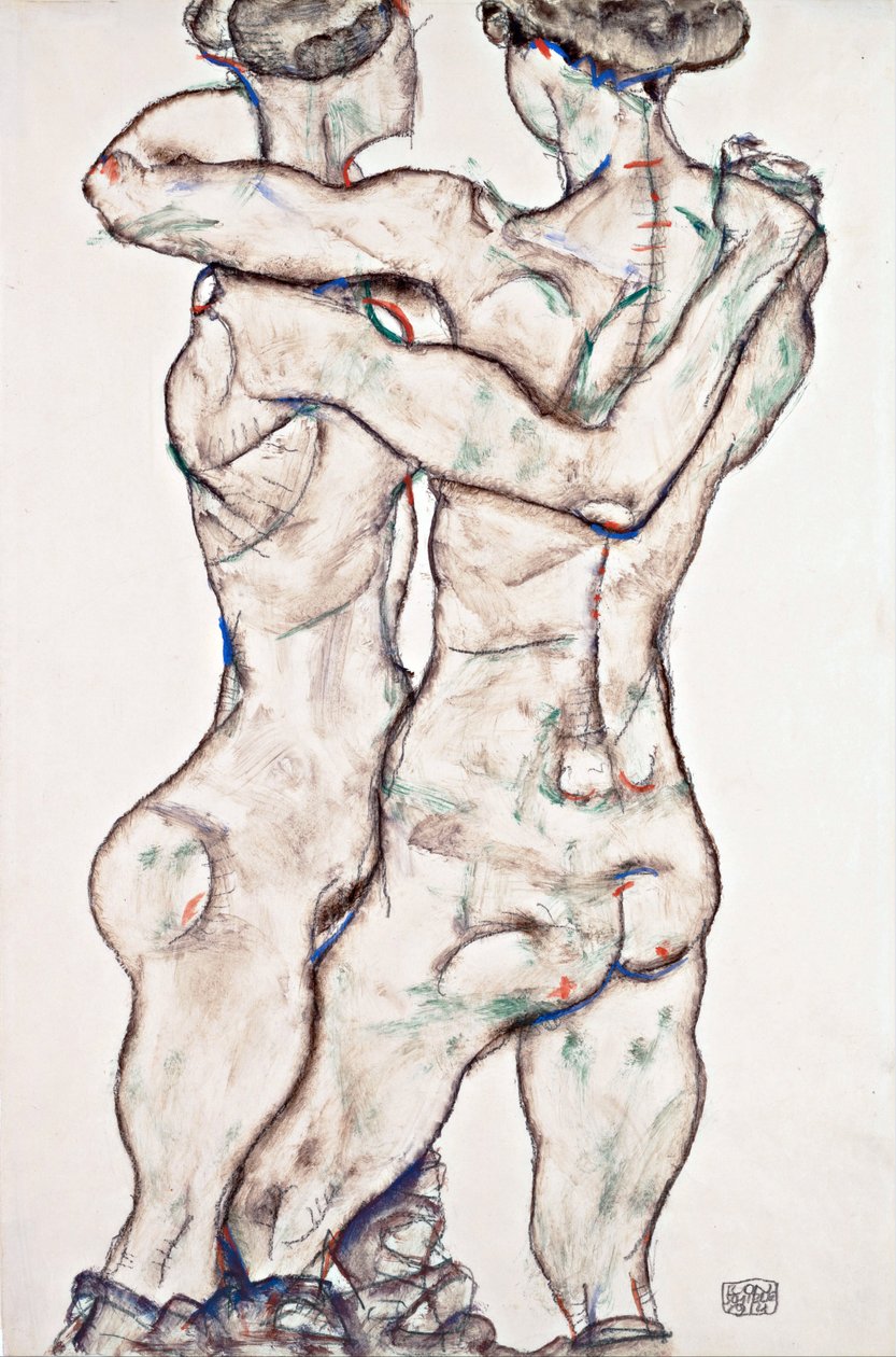 Naked Girls Embracing - Schiele, Egon (1890-1918) - 1914 - Black chalk, Gouache on Paper - 48x31,2 - レオポルド美術館、ウィーン 作： エゴンシーレ