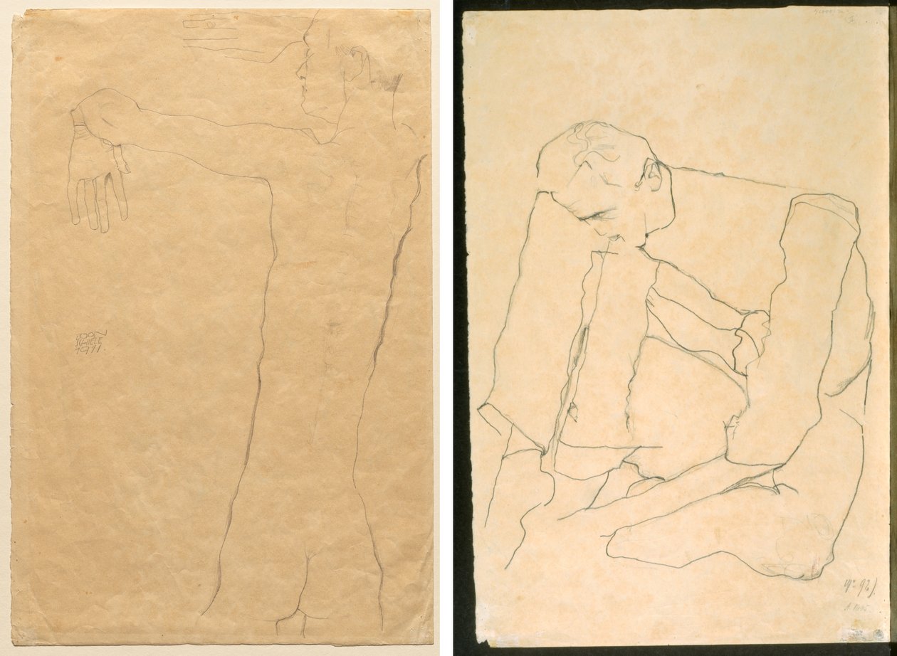 腕を上げた裸の男 (右) 座っている男 (裏) 作： エゴンシーレ