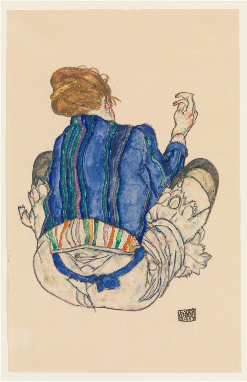 着席女性、背面図、1917 作： エゴンシーレ