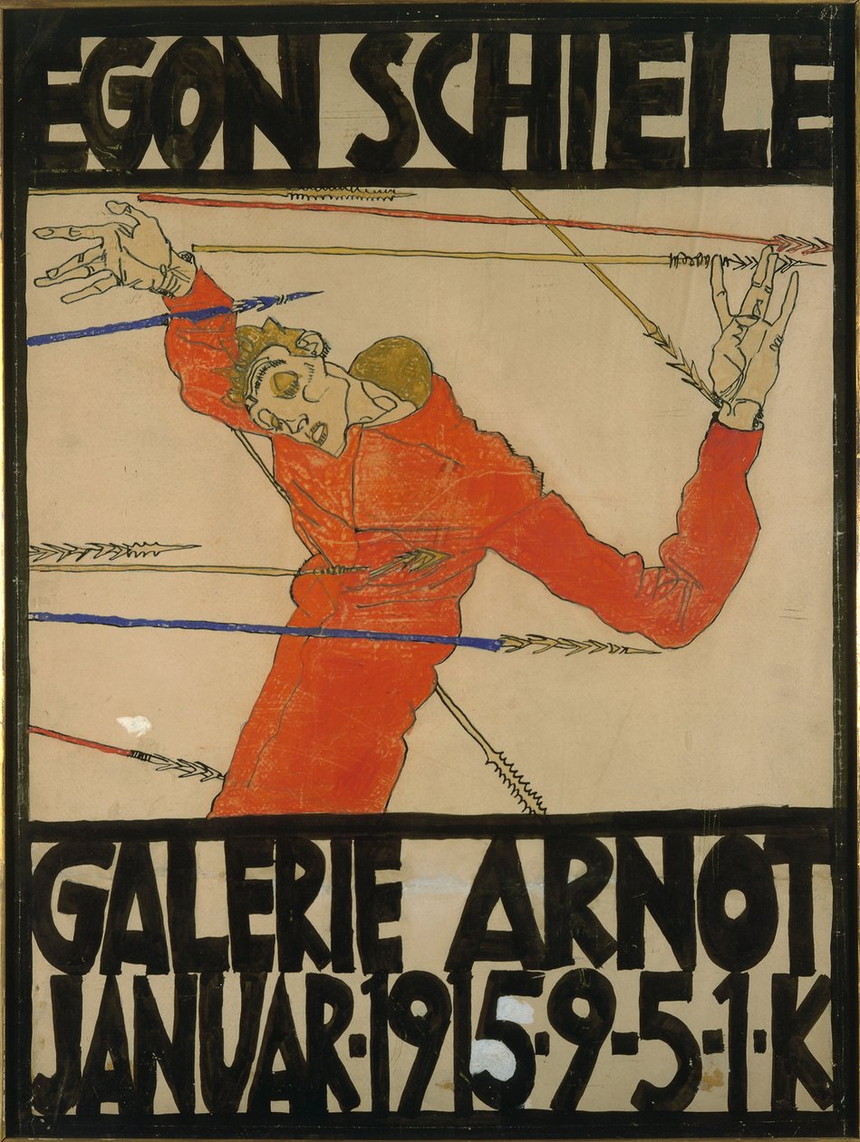 聖セバスチャンの自画像、1914年のGalerie Arnotでの展覧会のポスターデザイン（ガッシュ、黒いクレヨン、段ボールのインク） 作： エゴンシーレ