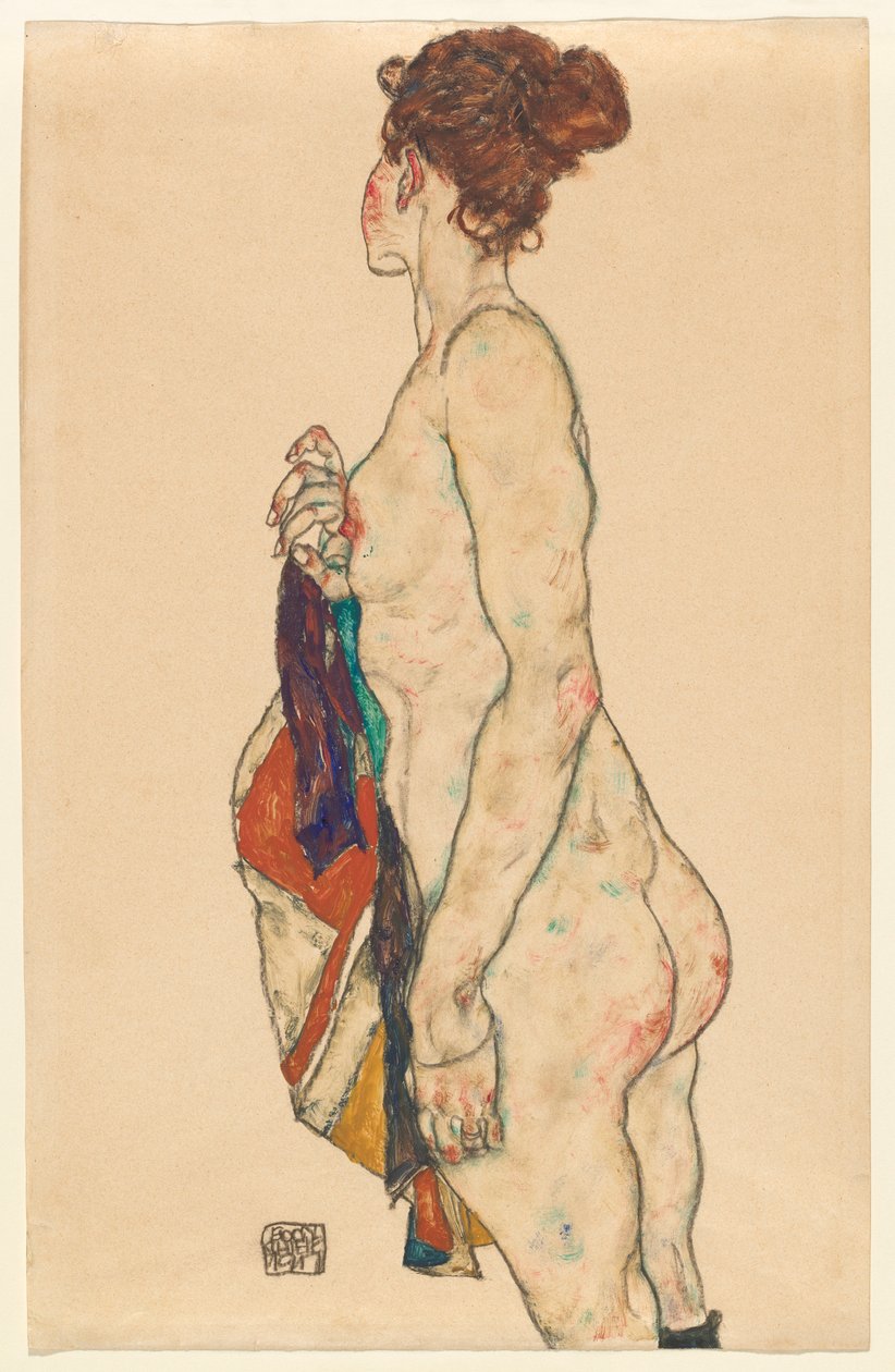 1917年、模様のついたローブで裸に立つ 作： エゴンシーレ