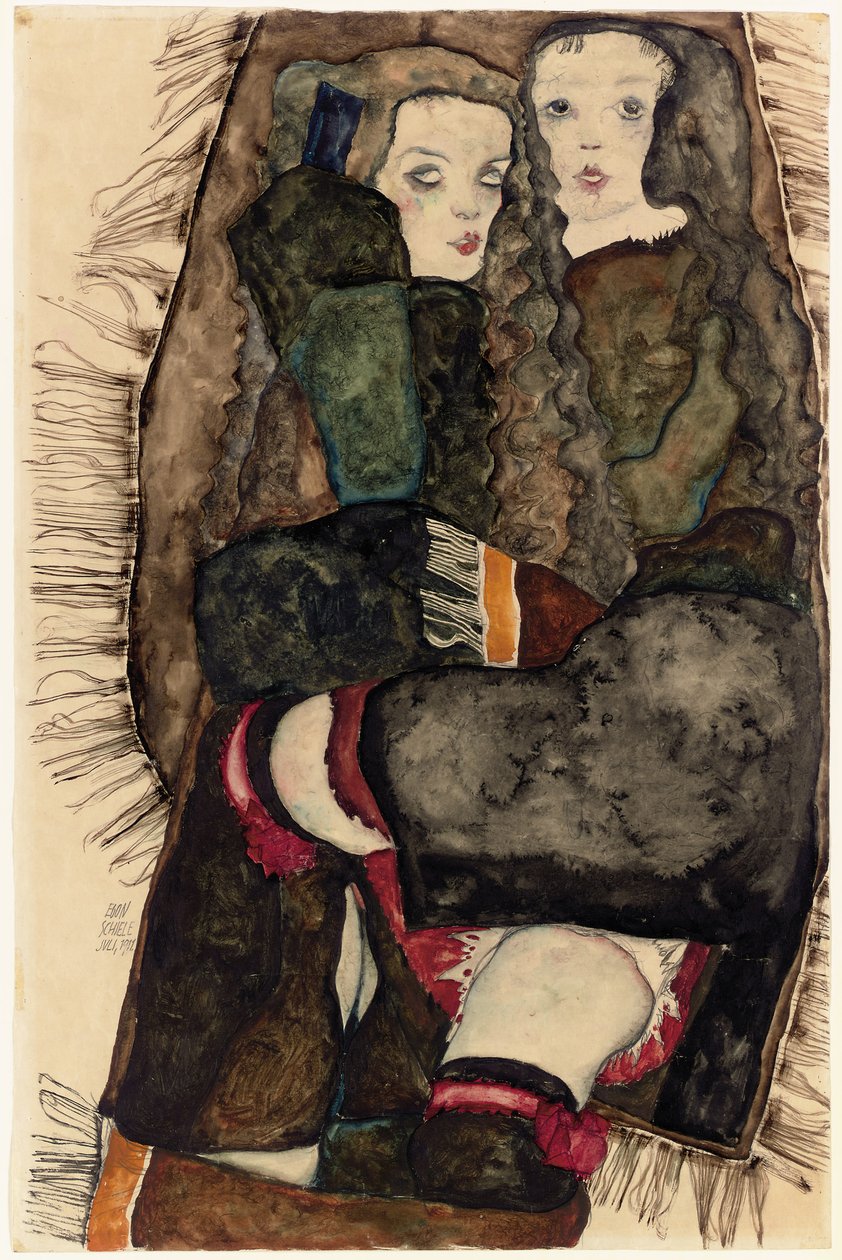 フリンジブランケットの2人の女の子。フリンジ毛布を着た2人の女の子、1911 作： エゴンシーレ