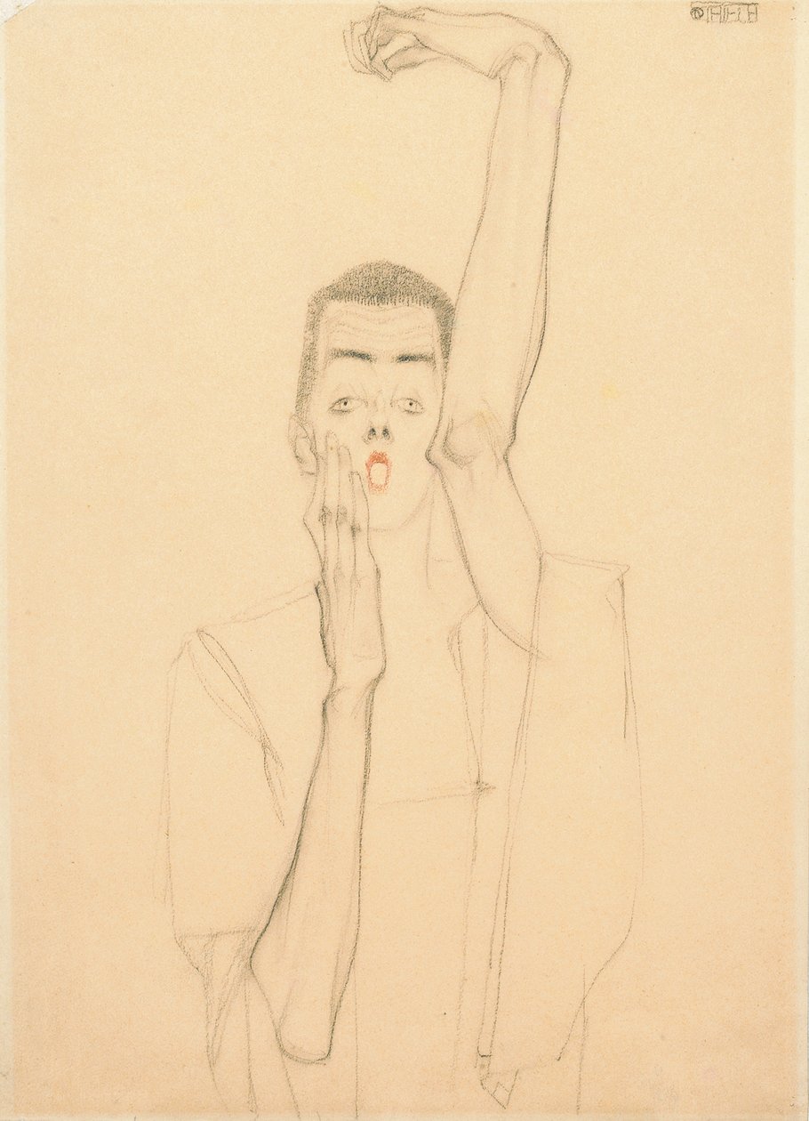 腕を上げ、口を赤くした若者。左腕を上げて赤い口をした自画像、1909 作： エゴンシーレ