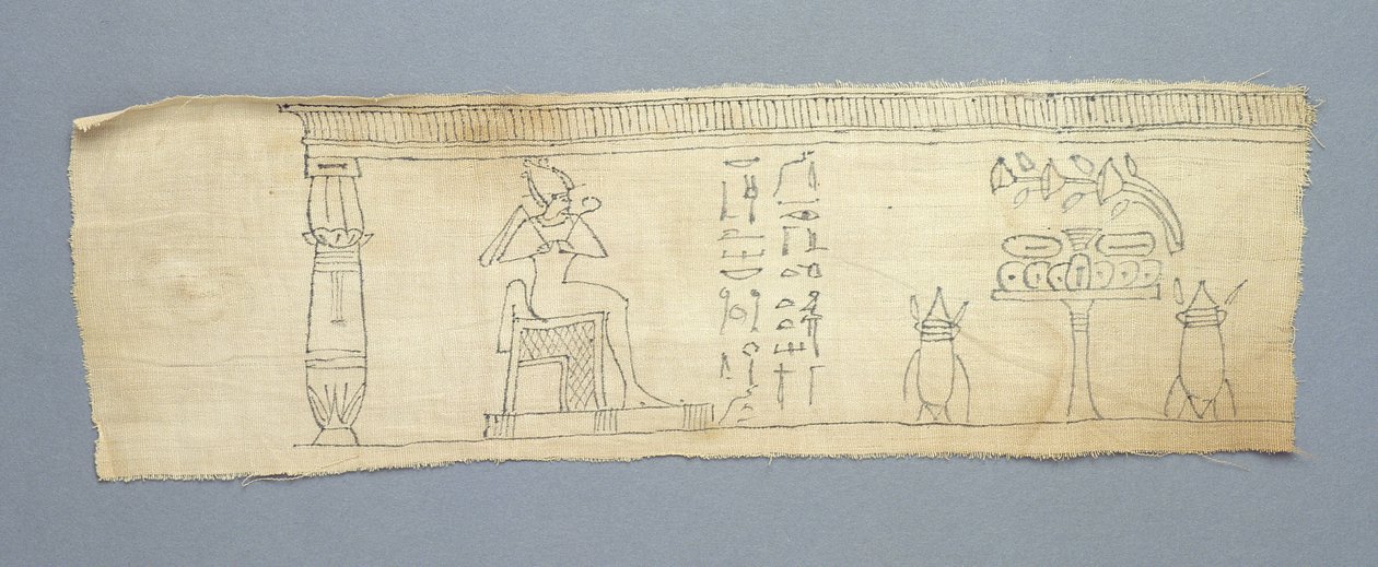 「死者の書」のビネットを使用したリネンのミイラ包帯、プトレマイオス-ローマ時代、紀元前100年頃BC-AD 200（リネン） 作： エジプト人