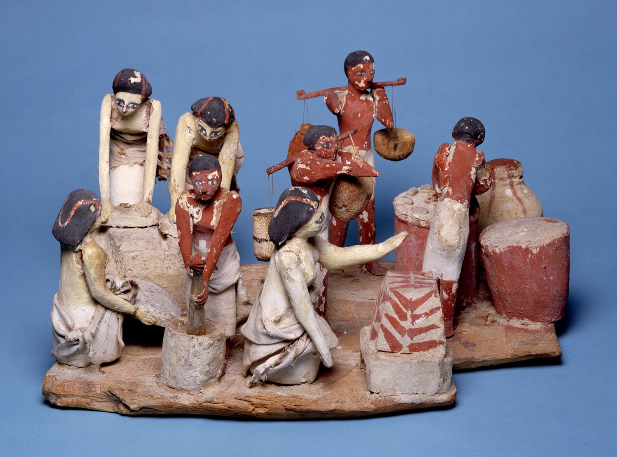 中王国のパンと醸造の使用人のモデル（塗装済み木材、リネン、粘土） 作： エジプト第12王朝