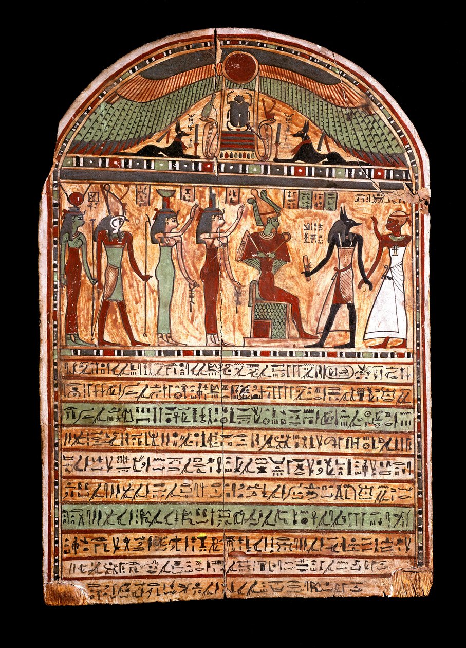 Ägyptische Antiquitäten: Grabstele eines Hohepriesters: Osiris empfängt den Verstorbenen in Anwesenheit von Anubis, hinter ihm die Gottheiten Isis, Nephthys, Horus, Hathor. 3.-2. Jahrhundert v. Chr. Turin, Ägyptisches Museum von Egyptian