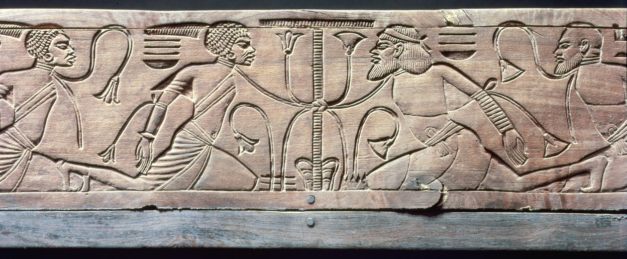 ツタンカーメンの儀式の足台からの詳細（c.1370-52 BC）ニューキングダム（木） 作： エジプト第18王朝
