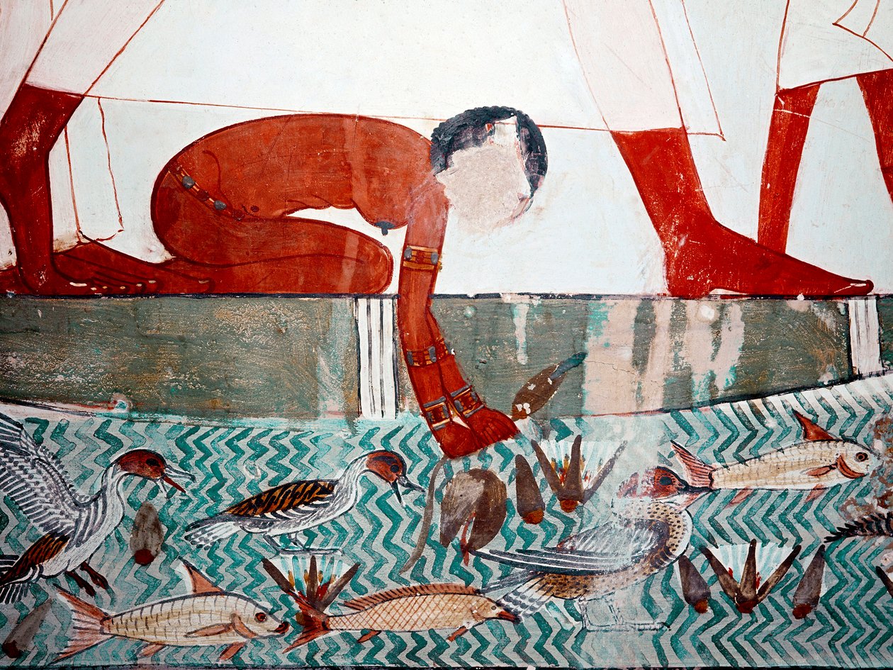エジプトのアート。メンナの墓。魚のシーン、詳細。蓮の花を摘む裸の乙女（18王朝） ルクソールのフレスコ画（エジプト、ナイル川左岸のテーベ、シェイク・アブド・アル・グルナ（グルナ）の遺跡。 作： エジプト第18王朝