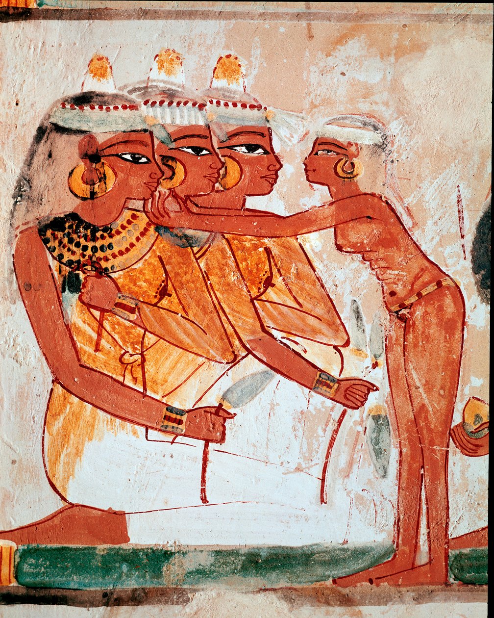 Ägyptische Kunst: Grab von Nakht. Toilette: Dienerin hilft drei Frauen, die Lotusblumen halten, Schmuck anzulegen vor dem Begräbnisbankett von Egyptian 18th Dynasty