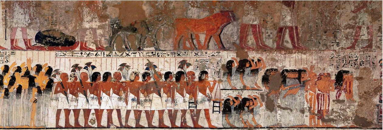 Ägyptische Antike: Begräbnisszene mit Weinen. Grab von Ramose (1411-1375 v. Chr.), Gouverneur von Theben und Wesir, Anfang der Herrschaft von Amenophis IV. Nekropole von Gournah (Sheikh Abd el-Gournah), Ägypten - Antikes Ägypten: Trauernde bei einer Begräb von Egyptian 18th Dynasty