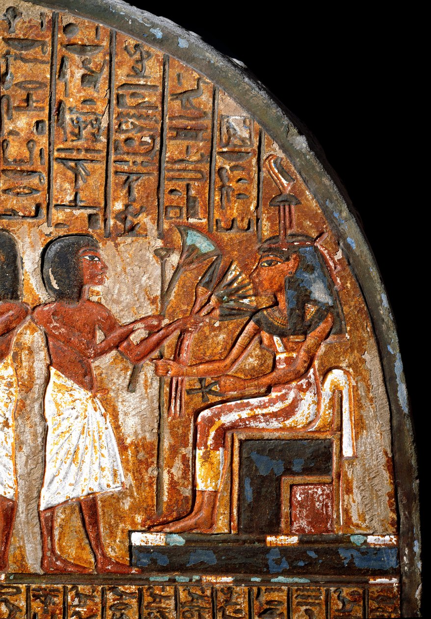 エジプトの古代遺物：ミンホテップの葬祭用ステイル：アンシーの十字架（アンク）の形をした生命の鍵を持つ女神ハトホルに花を捧げている様子を表すディテール。第18王朝時代。紀元前14世紀、トゥリン、エジプト博物館 作： エジプト第18王朝
