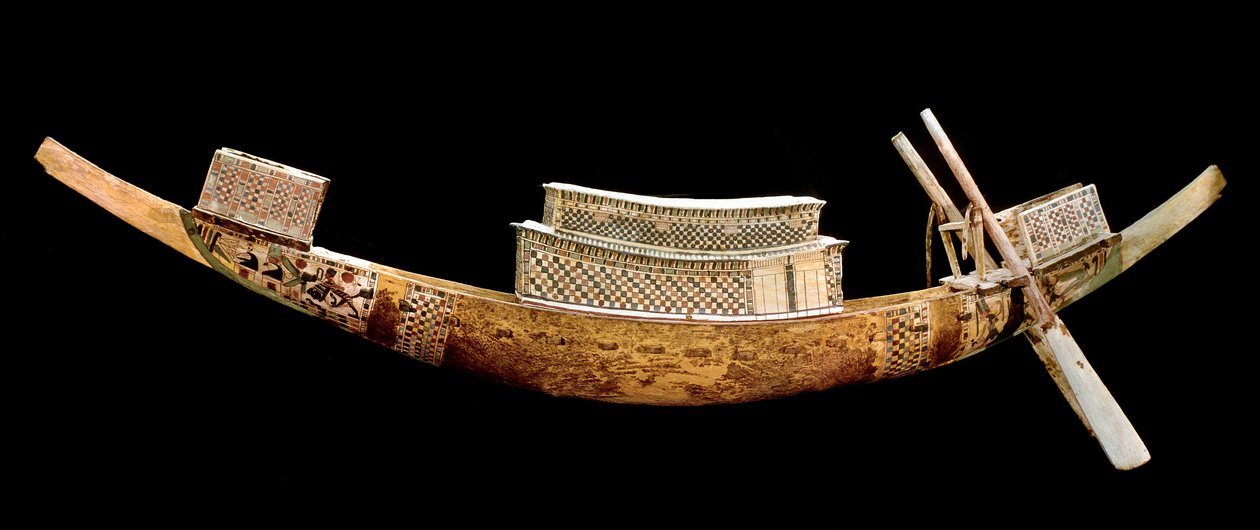 エジプトのアンティーク：王家の船：故人のあの世への旅を表しています。エジプト、王家の谷のオール・アンク・アモン（ツタンカーメンまたはツタンカーメン）の墓から出土した木彫品。紀元前1375〜1358年。エジプト博物館、カイロ、エジプト - エジプトの古代美術 作： エジプト第18王朝