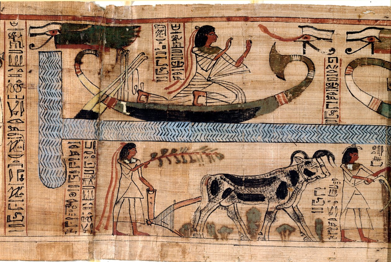 エジプトの古代遺物：故アナーの名前は、オシリスの船の上で、魂を耕したり量ったりする場面を表している。死者の書」のパピルス、20王朝、テーベ出土トリノ、エジプト博物館 - 古代エジプト：デセアの名前 作： エジプト第18王朝