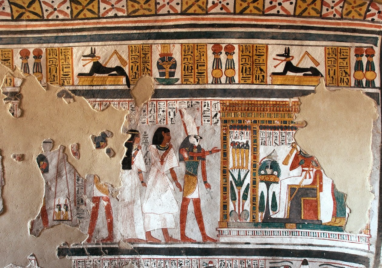 エジプトの古代性：ホルスがロイ夫妻をオシリスへと導く。ロイの墓(TT255)のフレスコ画の断片。第18王朝時代。エジプト、ルクソールの西岸より 作： エジプト第18王朝
