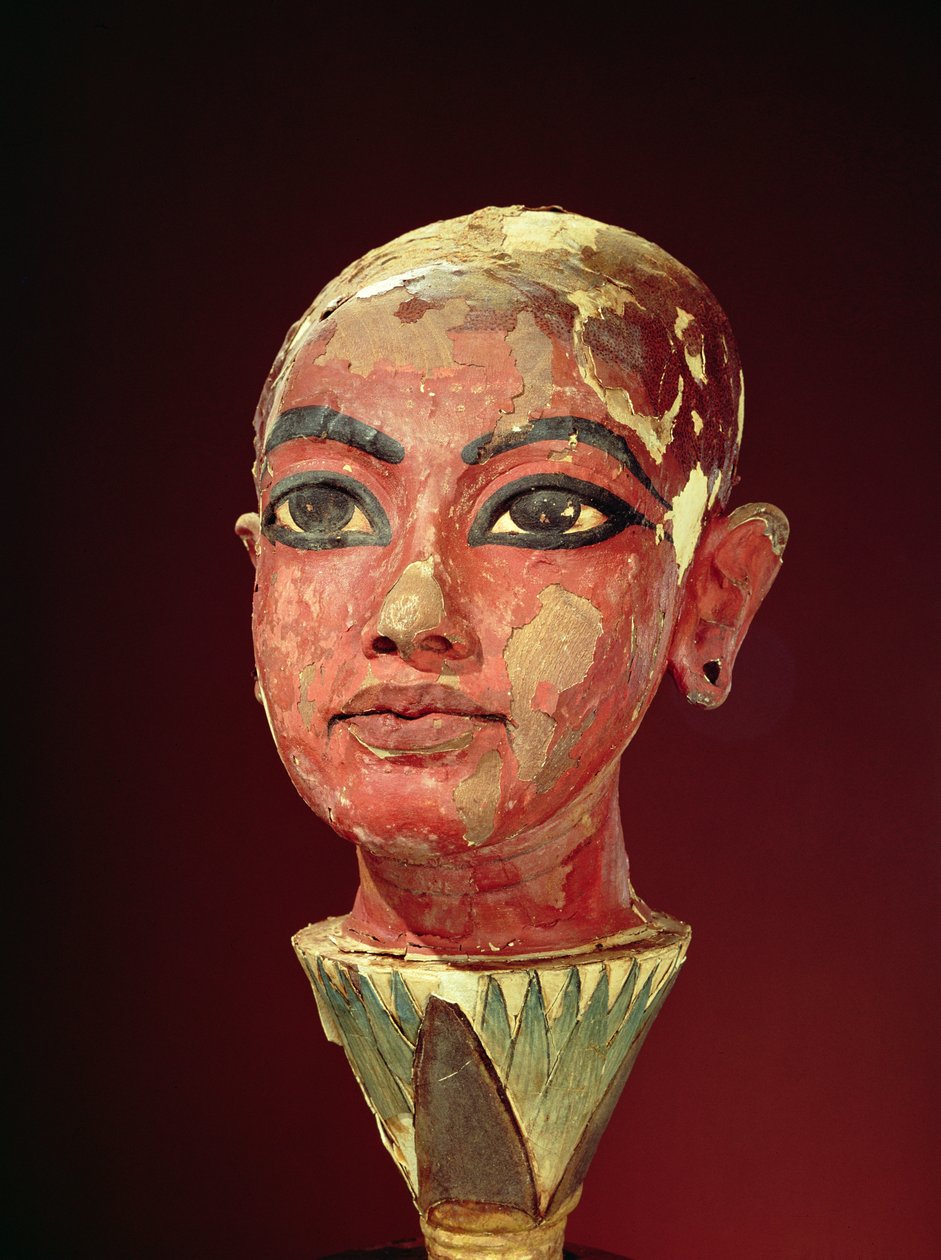 ツタンカーメンの墓から蓮の花から生まれた子供の王の頭（紀元前1370年-1352年）英国（漆喰と塗られた木）（149406も参照） 作： エジプト第18王朝