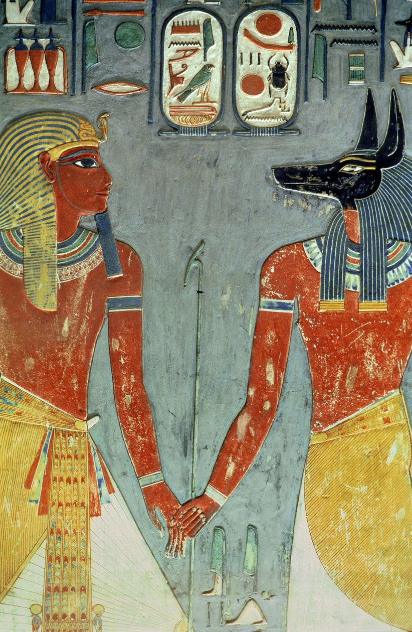 ホレムヘブの墓からのホレムヘブとアヌビス（c.1323-1295 BC）ニューキングダム（壁画） 作： エジプト第18王朝