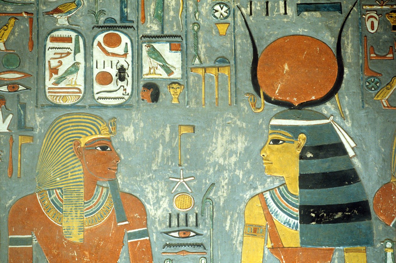 ホレムヘブの墓からのホレムヘブとハトホル（c.1323-1295 BC）ニューキングダム（壁画）（218340の詳細） 作： エジプト第18王朝
