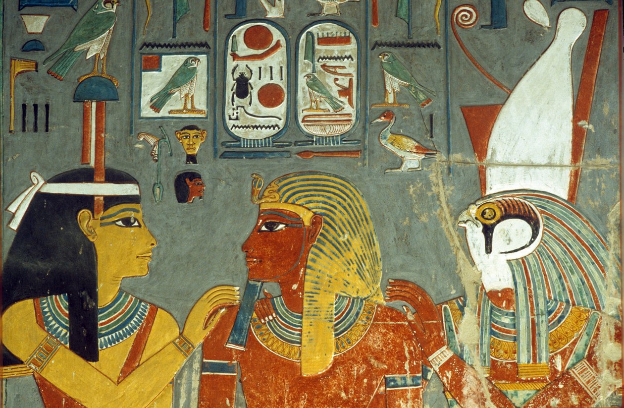 ホレムヘブの墓からのホルス、ホレムヘブ、ハトホル（c.1323-1295 BC）ニューキングダム（壁画） 作： エジプト第18王朝