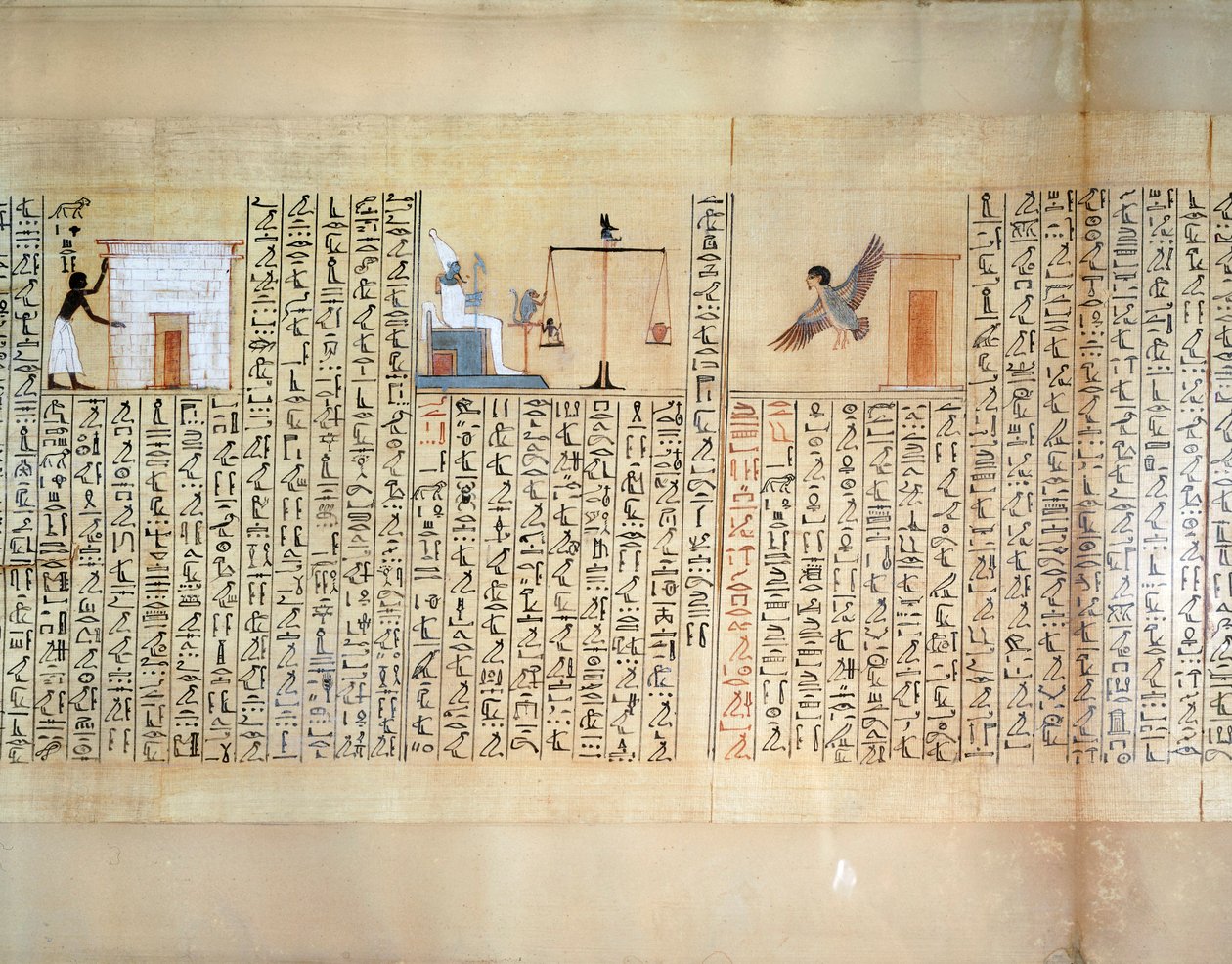 心臓の重さを測る様子を描いたパピルス（マイヘルペリの死者の書より 作： エジプト第18王朝