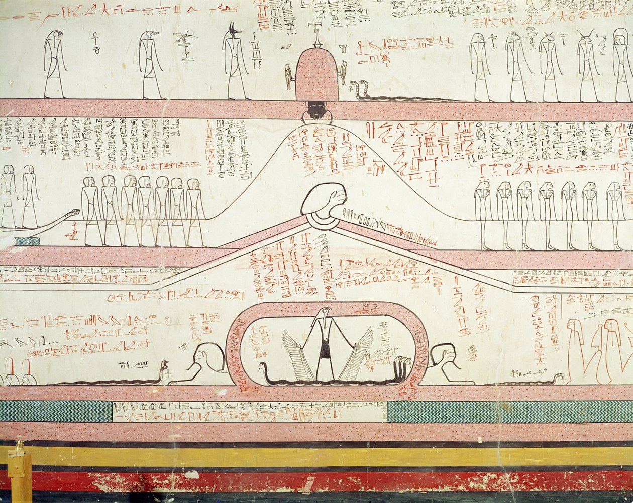 アムドゥアト書からの新世界、アンダーワールドへの旅を描いたシーン（壁画） 作： エジプト第18王朝