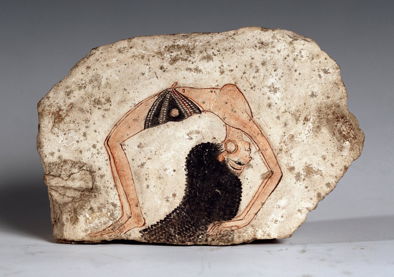 女性のアクロバットダンサー、オストラコン。石灰岩、紀元前1295-1186年頃 作： エジプト第19王朝
