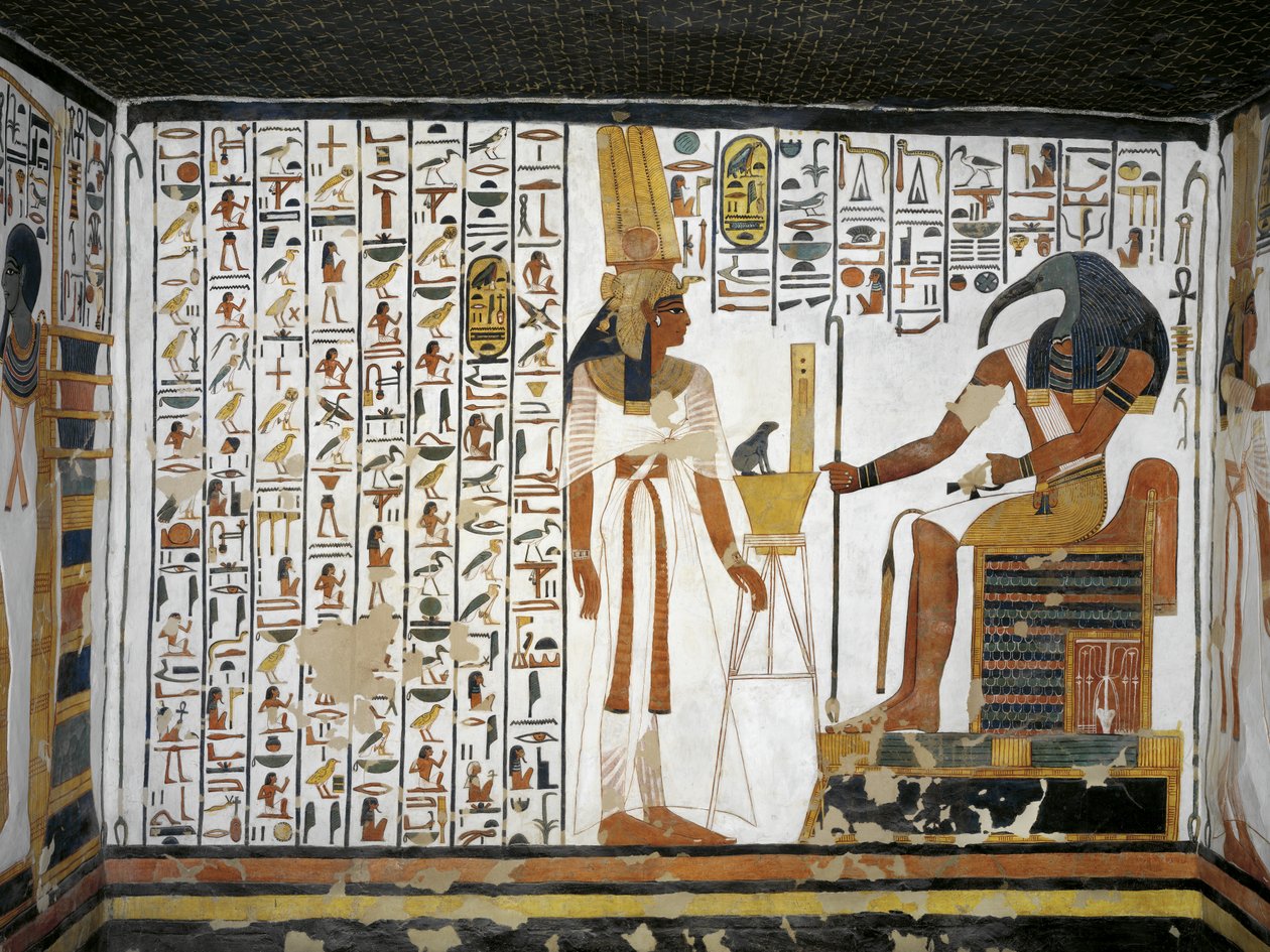 エジプト、テーベ、ルクソール、王妃の谷、ネフェルタリの墓、控えの間の別館、壁画、神の書記トートの前の王妃 作： エジプト第19王朝