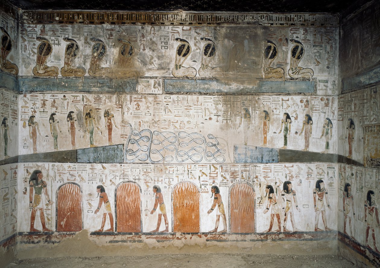 上から順に、ソル神への反乱の生存者を救出するコブラ、呪われた者のために火を供給する精霊、王家の谷、ルクソール、テーベのセティ1世の墓の側面礼拝堂のフレスコ画（世界遺産Unesco 作： エジプト第19王朝