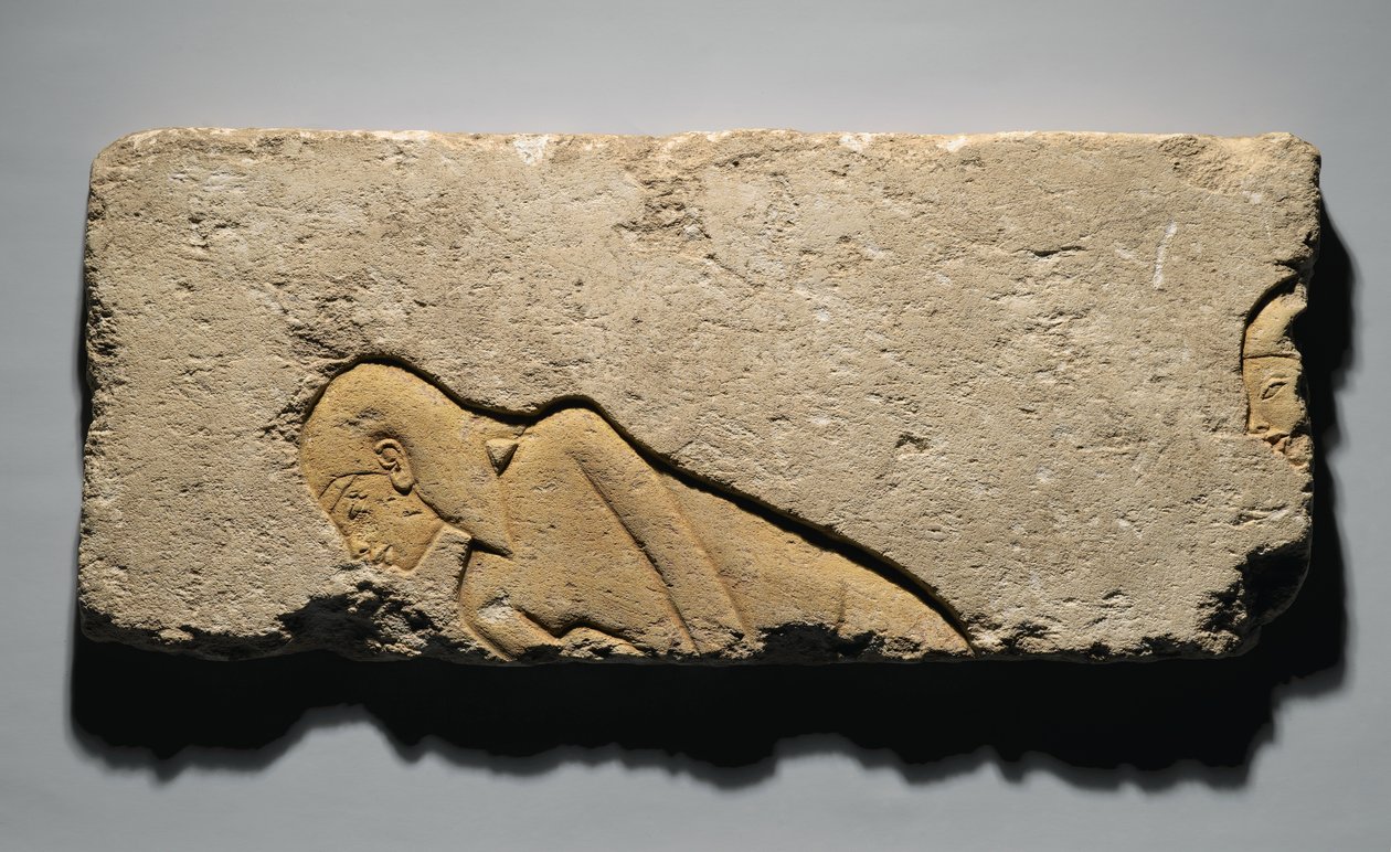 お辞儀をする2人の男性を描いたレリーフ、テルエルアマルナ、ニューキングダム、紀元前1352-1336年（石灰岩） 作： エジプト第19王朝