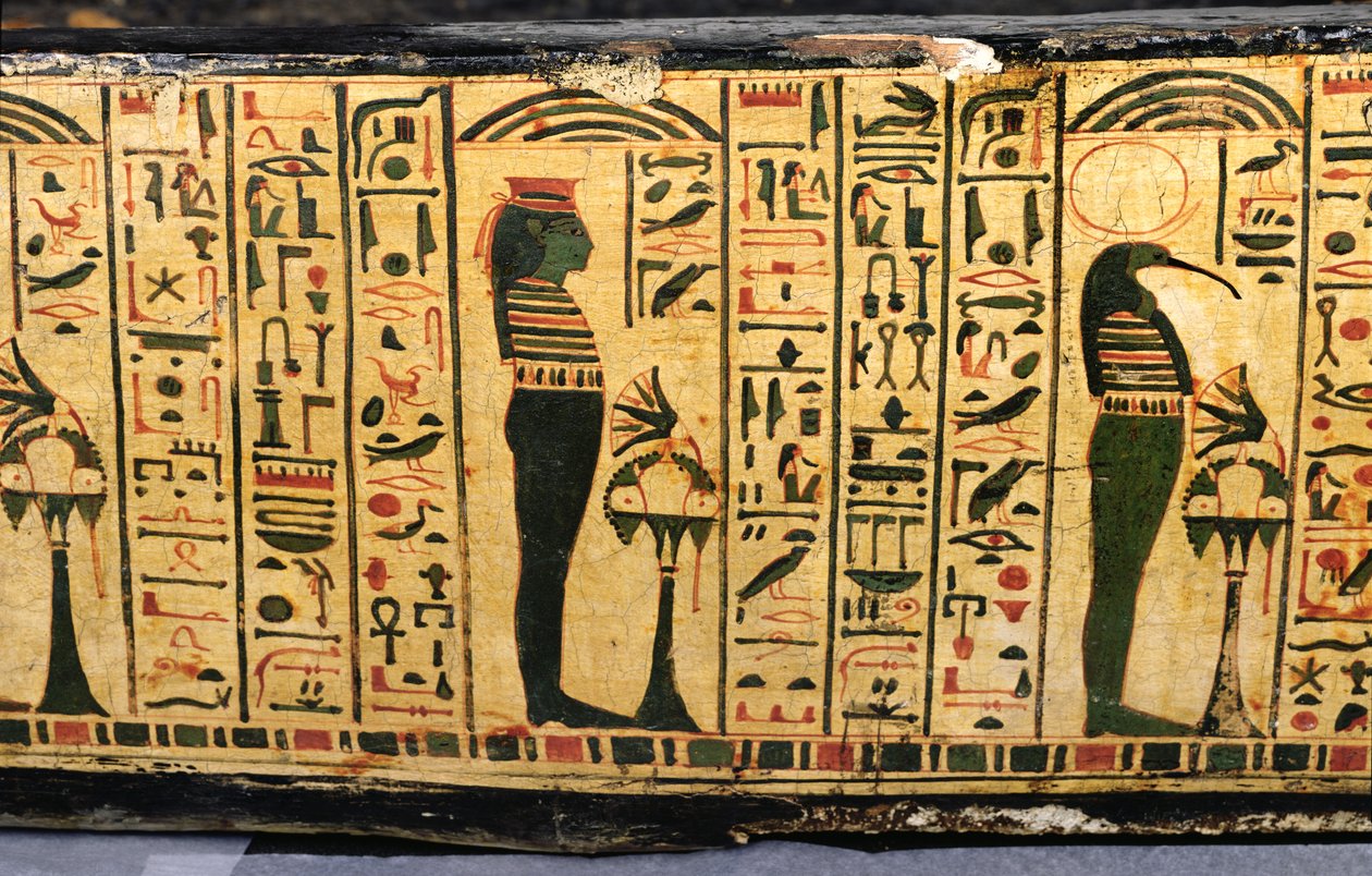 紀元前1100年頃、新王国時代にデイル・エル・バーリで発見されたとされるネシームンのミイラの外棺底部の詳細（彩色された木材 作： エジプト第20王朝