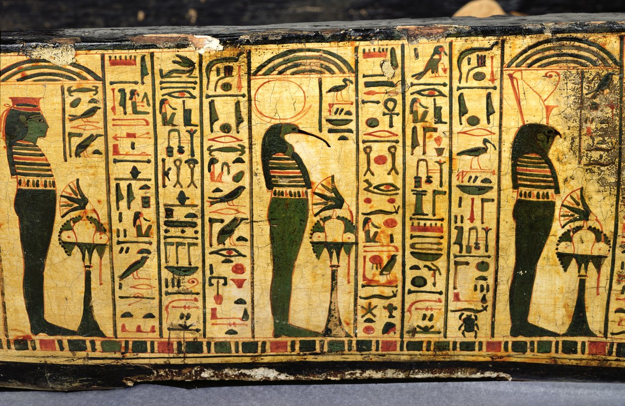 紀元前1100年頃、新王国時代にデイル・エル・バーリで発見されたとされるネシームンのミイラの外棺底部の詳細（彩色された木材 作： エジプト第20王朝