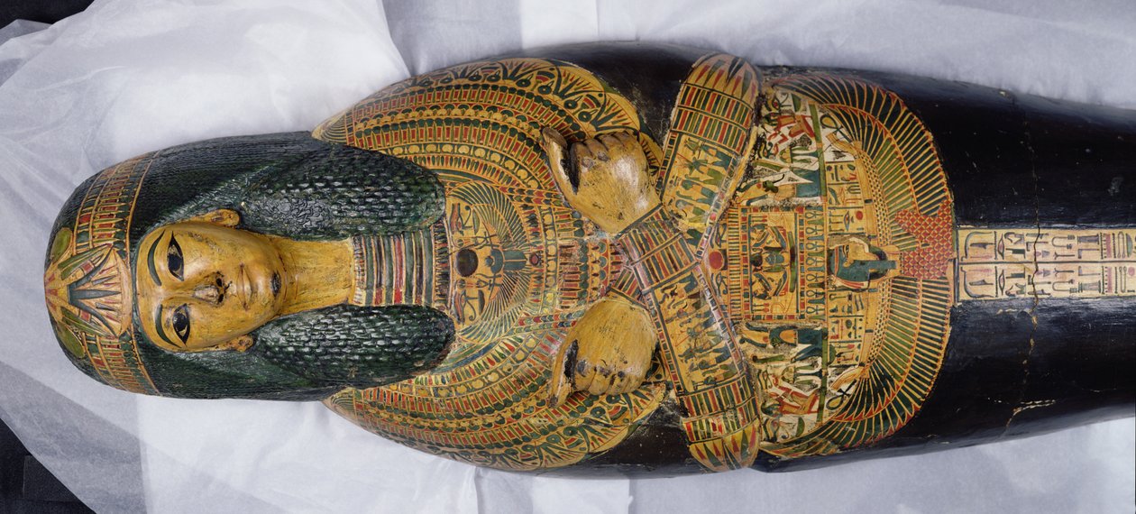 紀元前1100年頃、新王国時代にデイル・エル・バフリで発見されたと思われるネシームンのミイラの内蓋（彩色された木）（308052のディテール 作： エジプト第20王朝