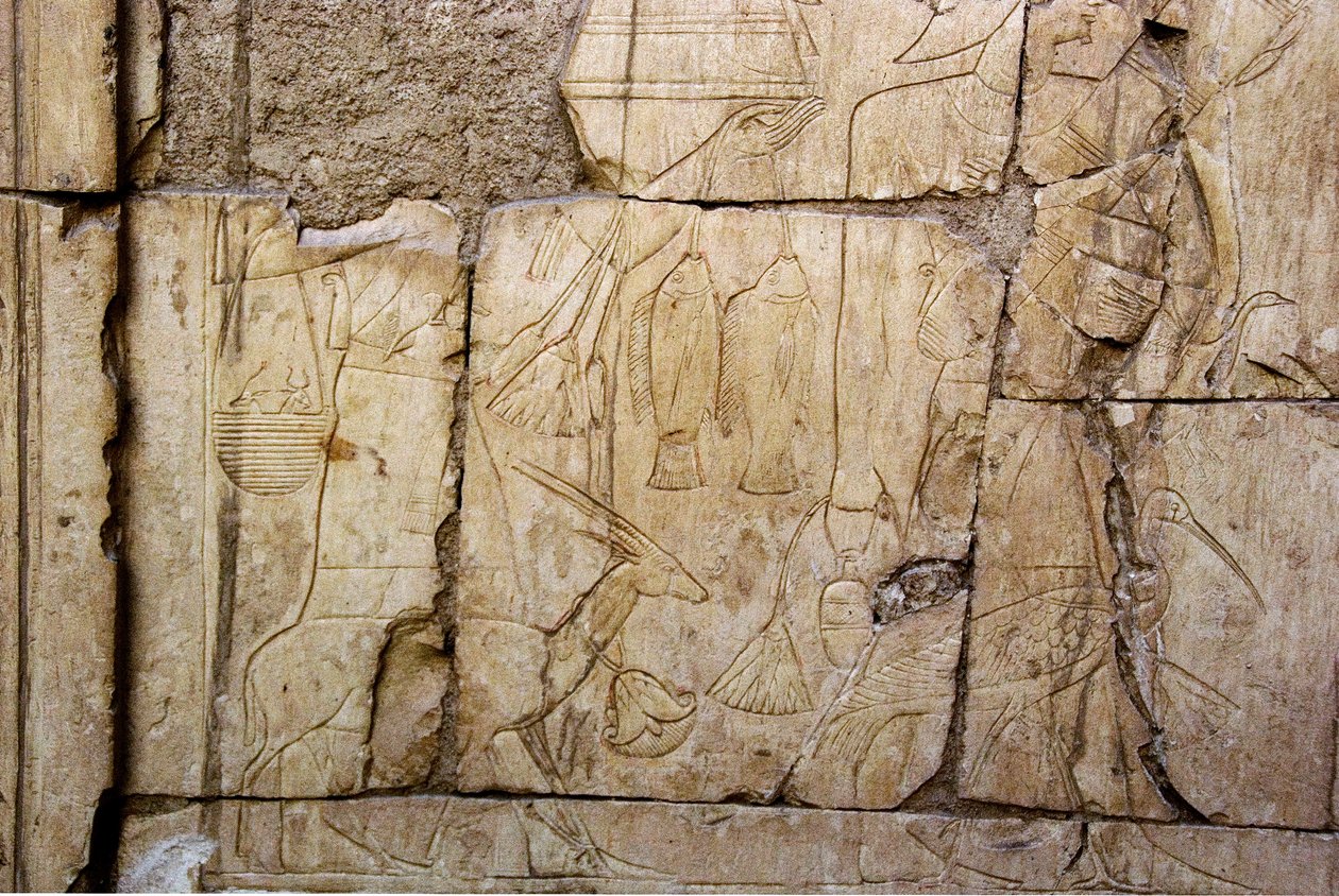 エジプトの古代遺物：供物を運ぶ人を表すレリーフ。エジプト、ルクソール（テーベ）、アンク＝ホル（アンクホル）の墓（TT414）（第26王朝、前672～525年 作： エジプト第26王朝