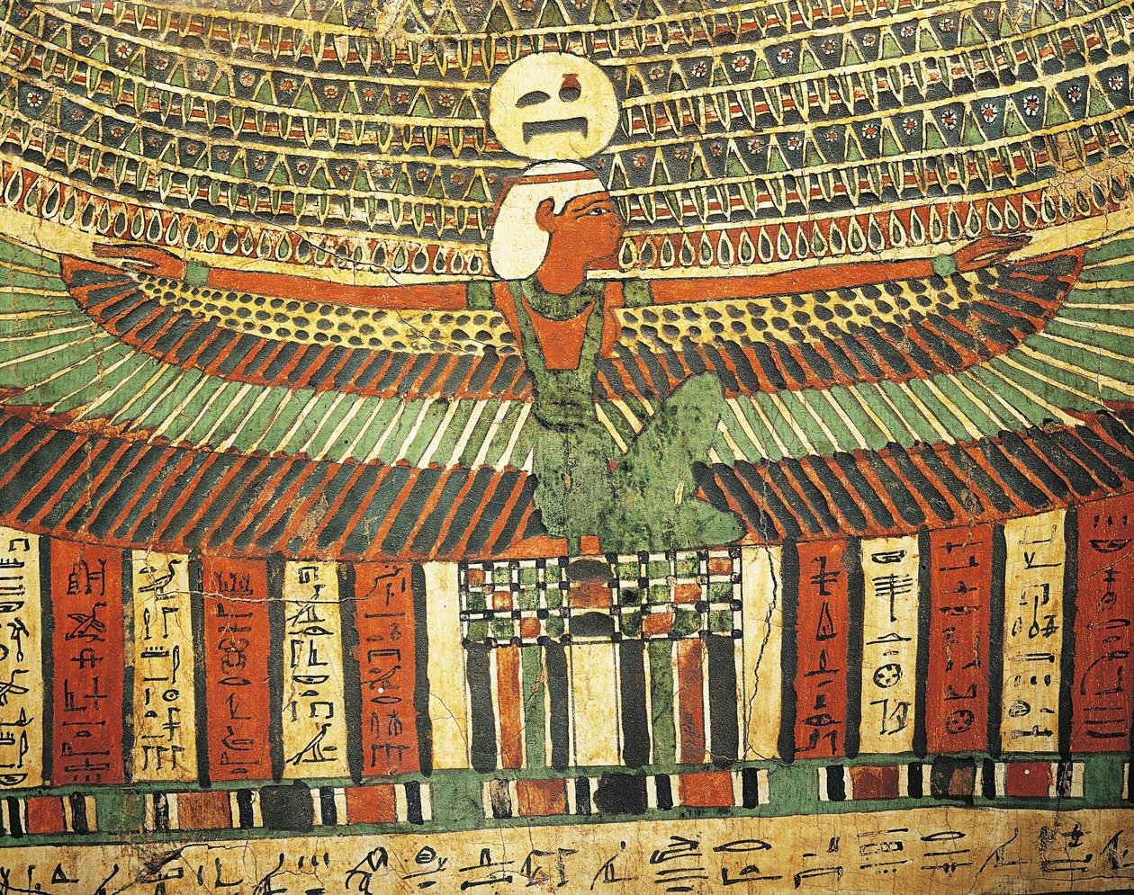 死後の世界へ通じる偽の扉を守る女神ヌトを描いた漆喰と彩色の木像（テーベ、タシャケペルの石棺より 作： エジプト第26王朝