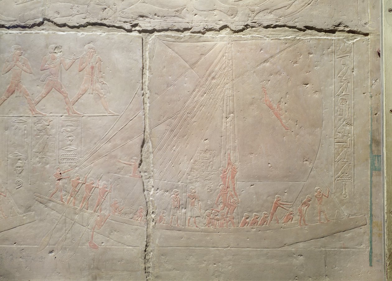 旧王国、アケトヘテプのマスタバからの船旅を描いたレリーフ。紀元前2400年頃（石灰岩塗装） 作： エジプト第5王朝
