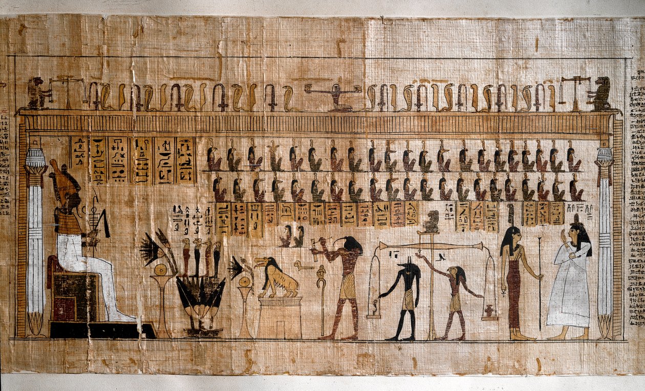 エジプトのアンティキテ：魂の重さ（サイコスタシス）。死者の書のパピルス。トリノ、エジプト博物館-古代エジプト：魂の重さ（サイコスタシス）を測る。死者の書のパピルス。イタリア、トリノ、エジプト博物館 作： エジプトのエジプト人