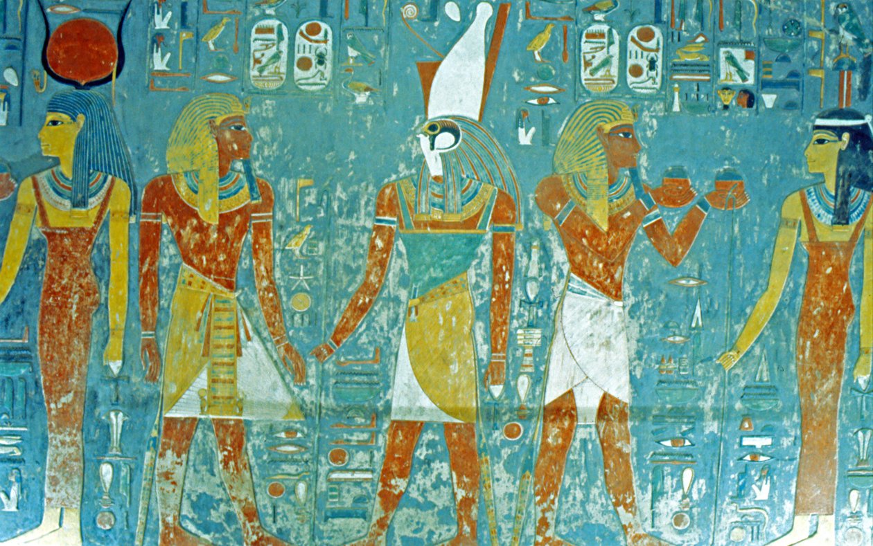 王家の谷、ホレムヘブの墓 オシリス、イシス、マアト、ホルスの前の