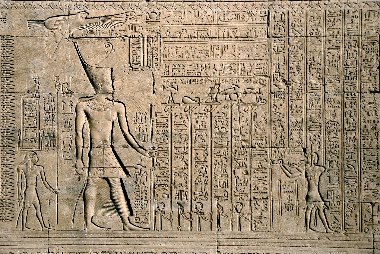 エジプトのアンティキテ：ヒエログリフが描かれた外部レリーフ。エジプト、デンデラのハトホル神殿 - エジプト文明：ペピ1世の治世下（紀元前2250年頃）に建てられたデンデラのハトホル神殿（またはテンティラ神殿）の壁に彫られたヒエログリフと人物像-。 作： エジプトのプトレマイオス朝