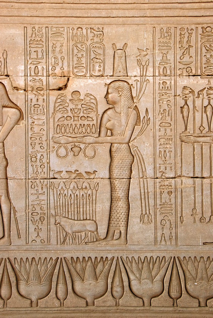 古代エジプト人：女神に供物を捧げる女性の表現（エジプト、デンデラのハトホル神殿） - エジプト文明：女神ハトホルに供物を捧げる女性 - ハトホル神殿（またはテンティラ神殿）の壁に彫られた図 i 作： エジプトのプトレマイオス朝
