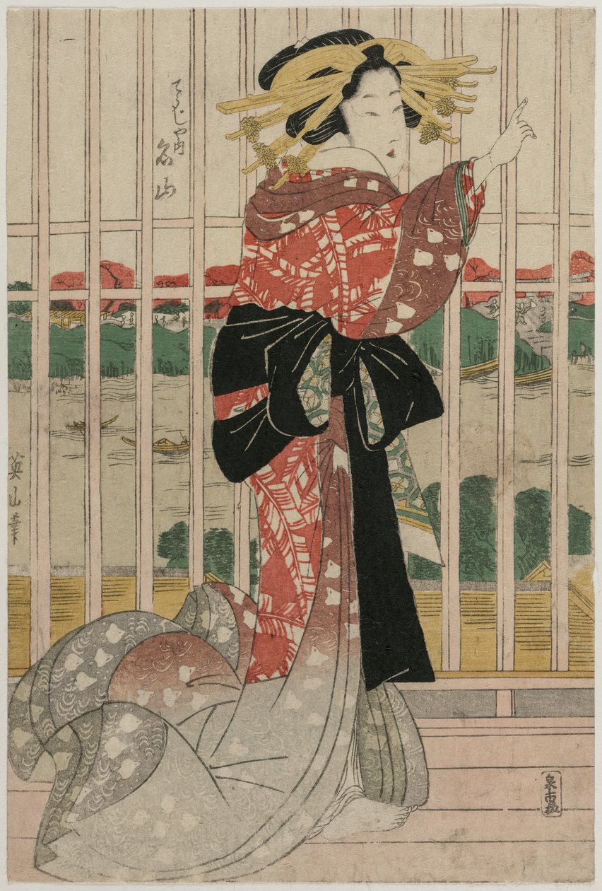 1820年代前半または半ばに隅田川を見下ろすバルコニーにある長者の花魁明山。 作： 菊川栄山