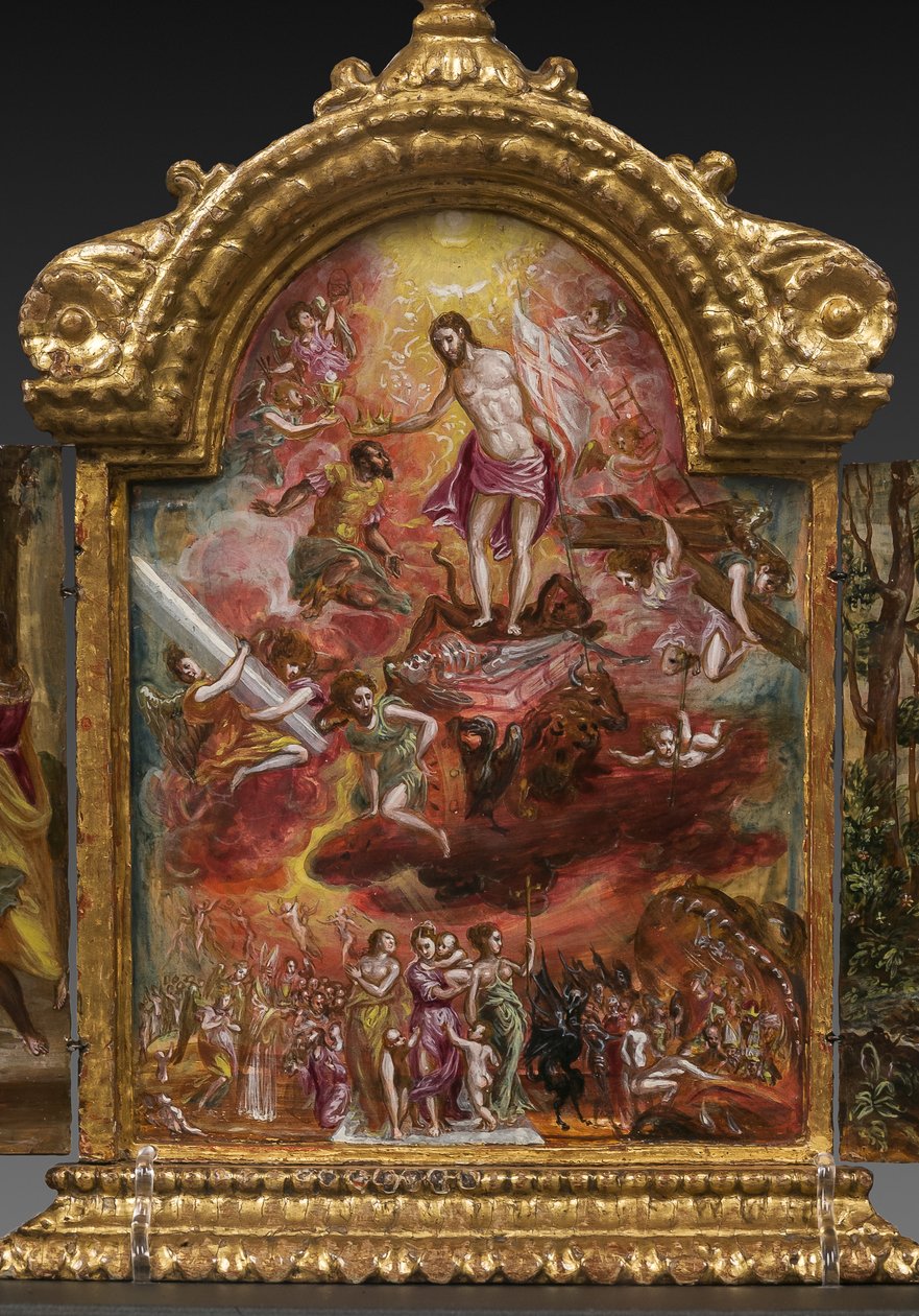 携帯用祭壇: キリスト教徒の騎士の寓意を描いた中央パネル、2384586 の詳細 (パネル上のテンペラ グラッサ) 作： エルグレコ
