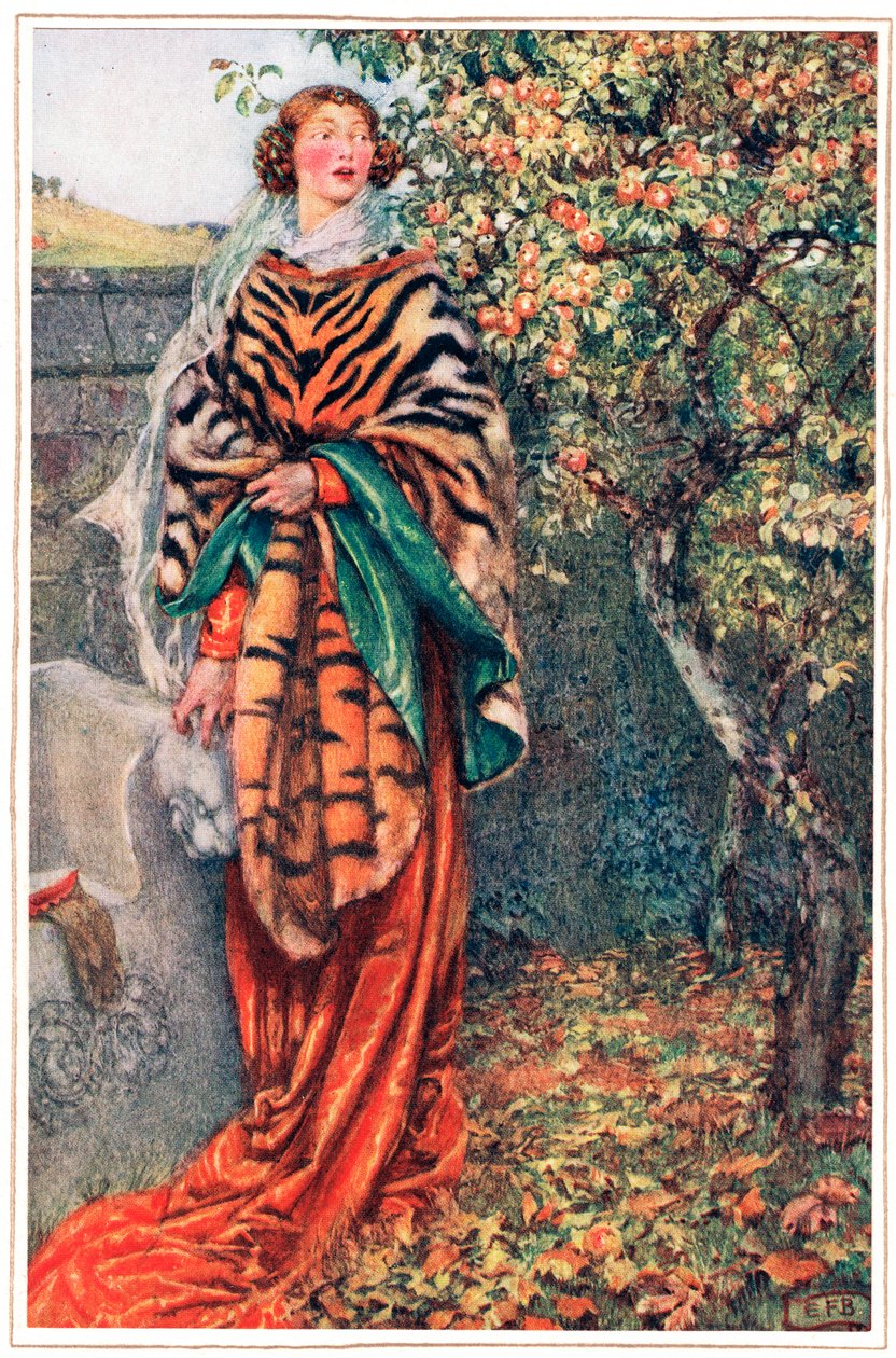 王様がぼんやりと彼女を見つめて通り過ぎたところ、アルフレッド・テニスン (1809-92) の「Idylls of the King」の挿絵、Hodder & Stoughton 発行 作： エリナーフォーテスキュー-ブリックデール