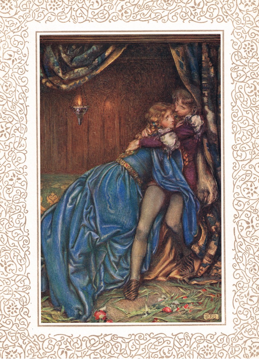 ランスロットとグィネヴィアが一緒に、アルフレッド・テニソン (1809-92) による「Idylls of the King」のイラスト、Hodder & Stoughton 発行 作： エリナーフォーテスキュー-ブリックデール